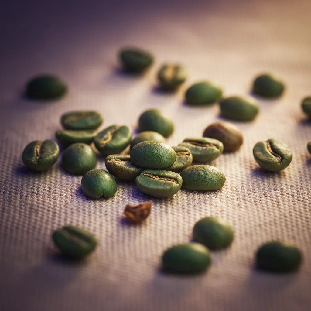 Green coffee bean extract - whole green coffee beans on linen surface
