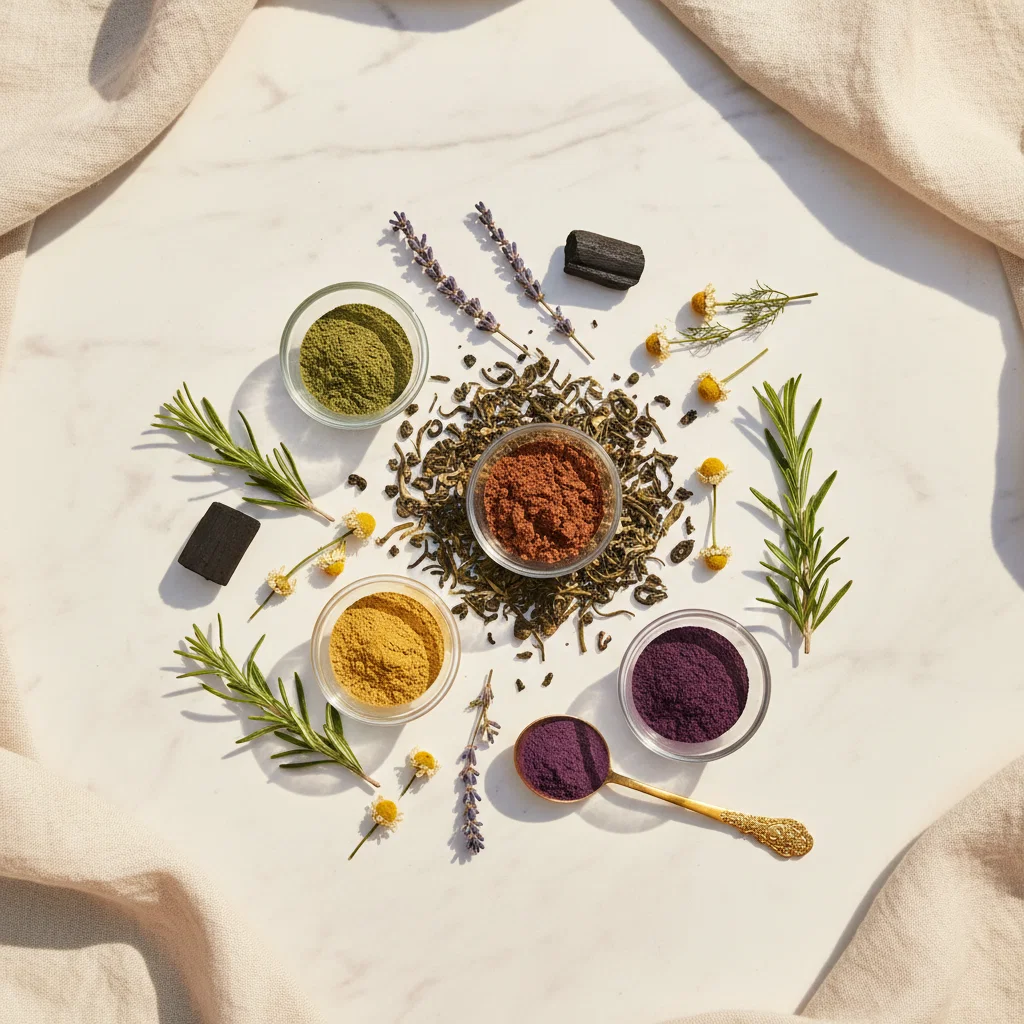 Green tea extract supplement benefits - dried botanicals and plant extracts flat lay