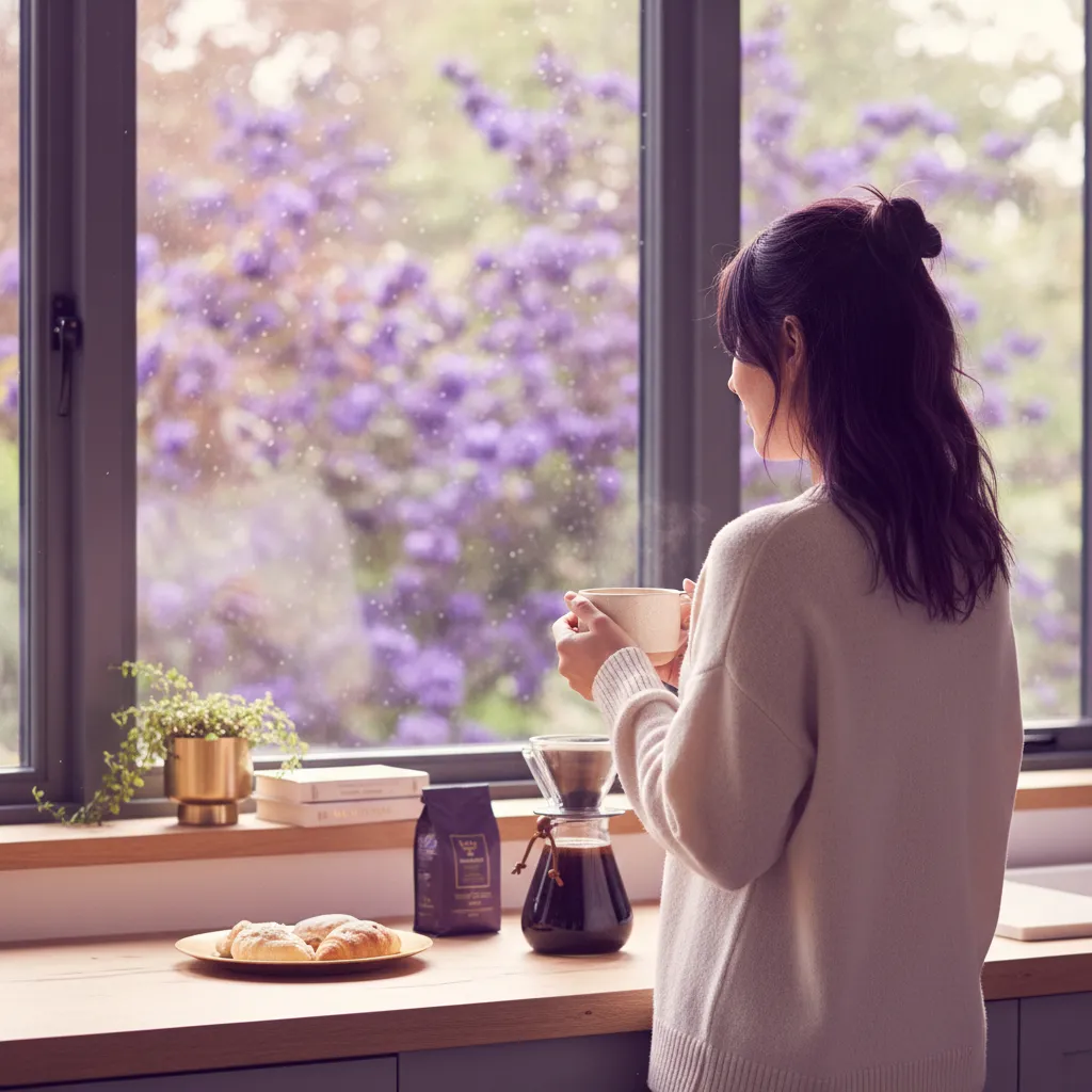 Person from behind enjoying a morning coffee by a bright window