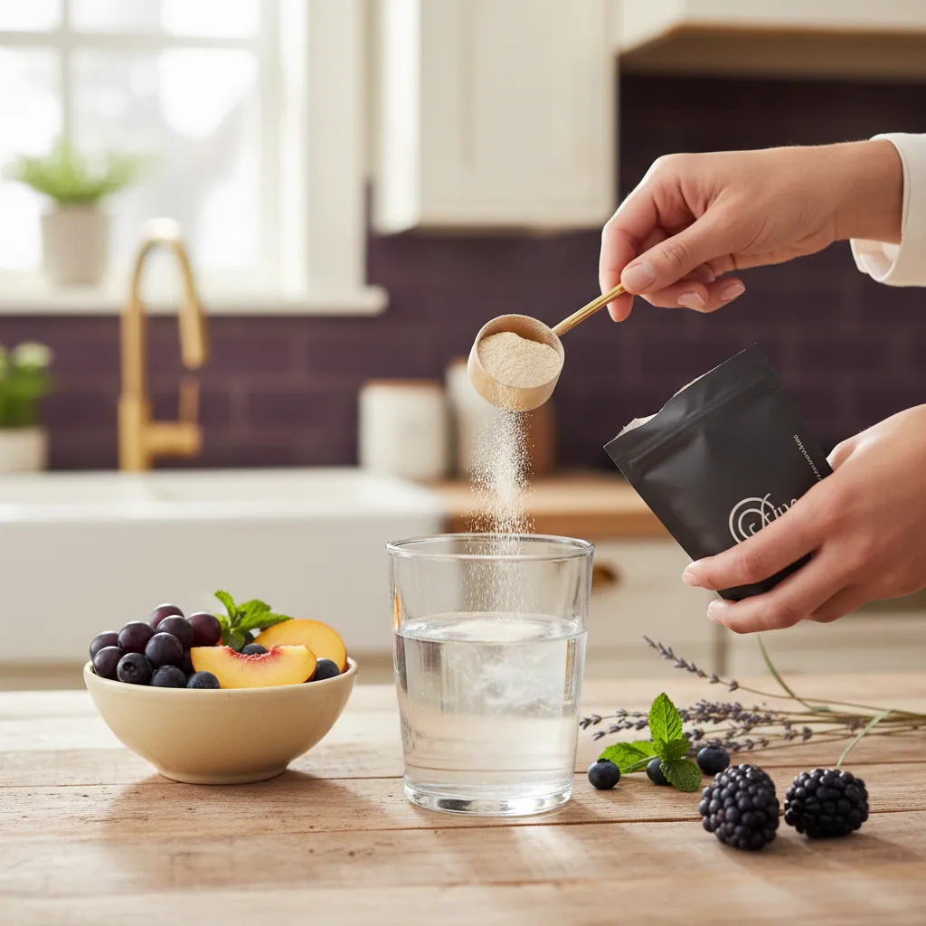 Hands adding supplement powder to a glass of water in a bright kitchen