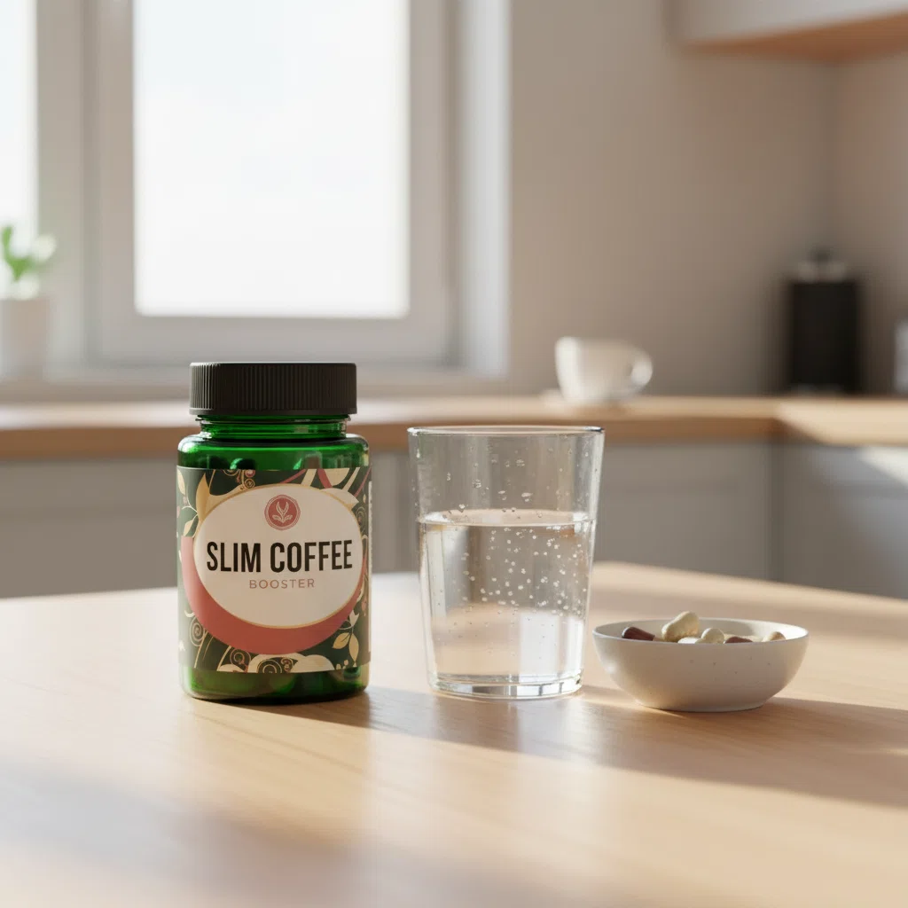 Slim Coffee Booster supplement box in a lifestyle setting with coffee cup and green coffee beans
